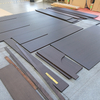 Grooved wood veneer and open compartments for cabinets
