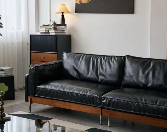 American Vintage Style Solid Wood Base Leather Sofa