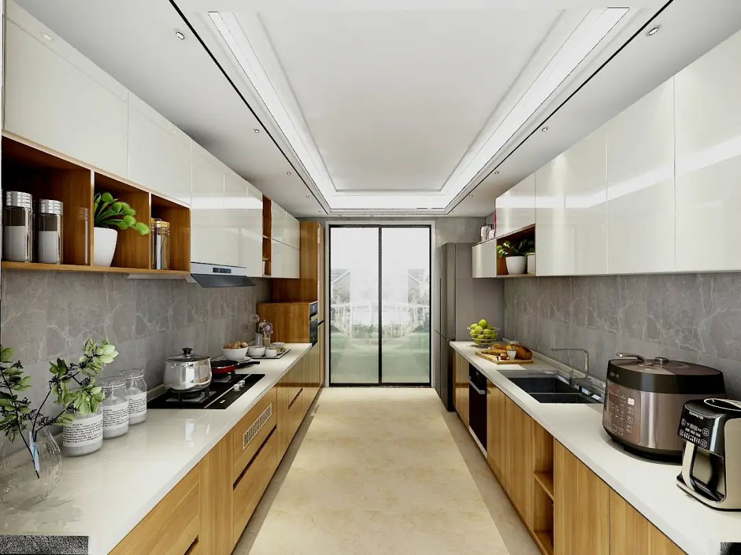 Galley kitchen cabinets with parallel cabinet configuration