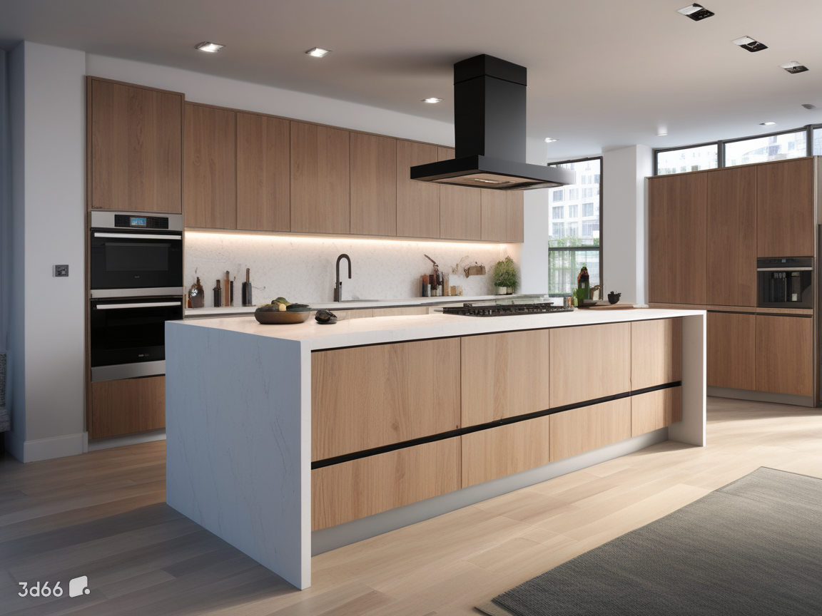 Kitchen cabinets with central island and additional workspace